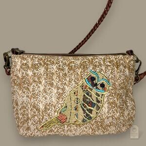 Sakroots Owl Embroidered Straw Crossbody Bag Brown Woven Boho Purse